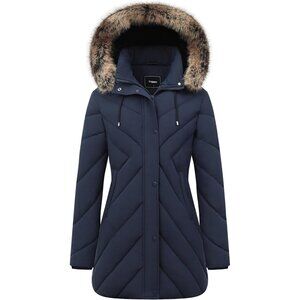 Women's Long Puffer Snow Jacket Coat Dark Navy  Waterproof Winter Warm Thickened
